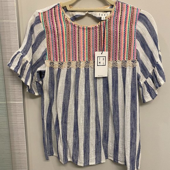 THML Striped Babydoll Top with Rainbow Embroidery - Picture 1 of 3